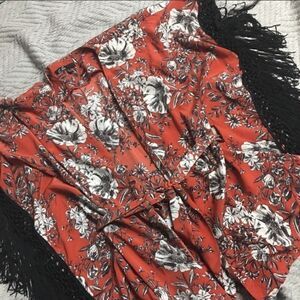 C.Luce Boho Fringe Sleeve Orange Floral Print Robe Top Size Small